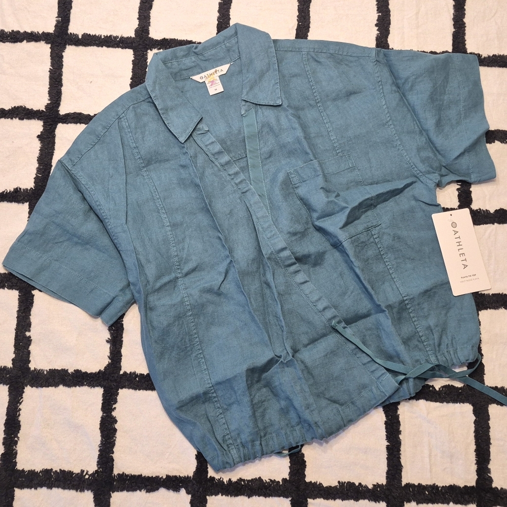 NWT Athleta Borealis Green Lightweight Playa Linen Tie Top Shirt - Picture 8 of 14